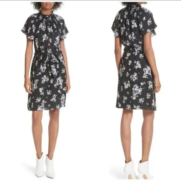 REBECCA TAYLOR Black Silk Floral Hydrangea Button Up Mock Neck Dress Size 48 - Picture 9 of 11